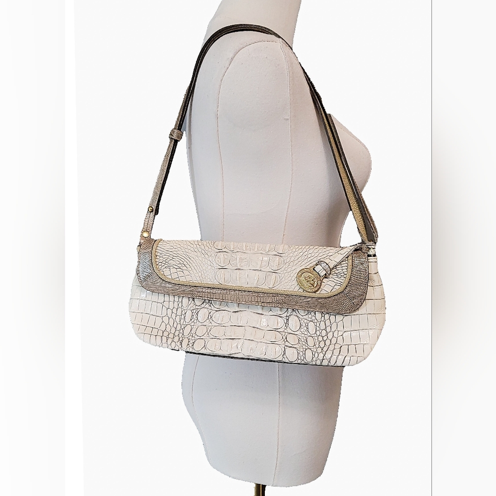 Brahmin White Croc-Embossed Shoulder Bag with Gold Trim